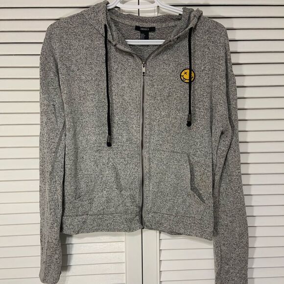 ⭐️Super soft forever 21 smiley face grey zip up sweater with hood - Picture 1 of 2